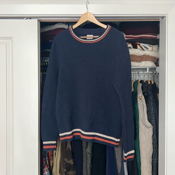 J Crew Rugged Merino Wool Blend Navy Knit Sweater Large Crewneck Striped Trim - Picture 2 of 3